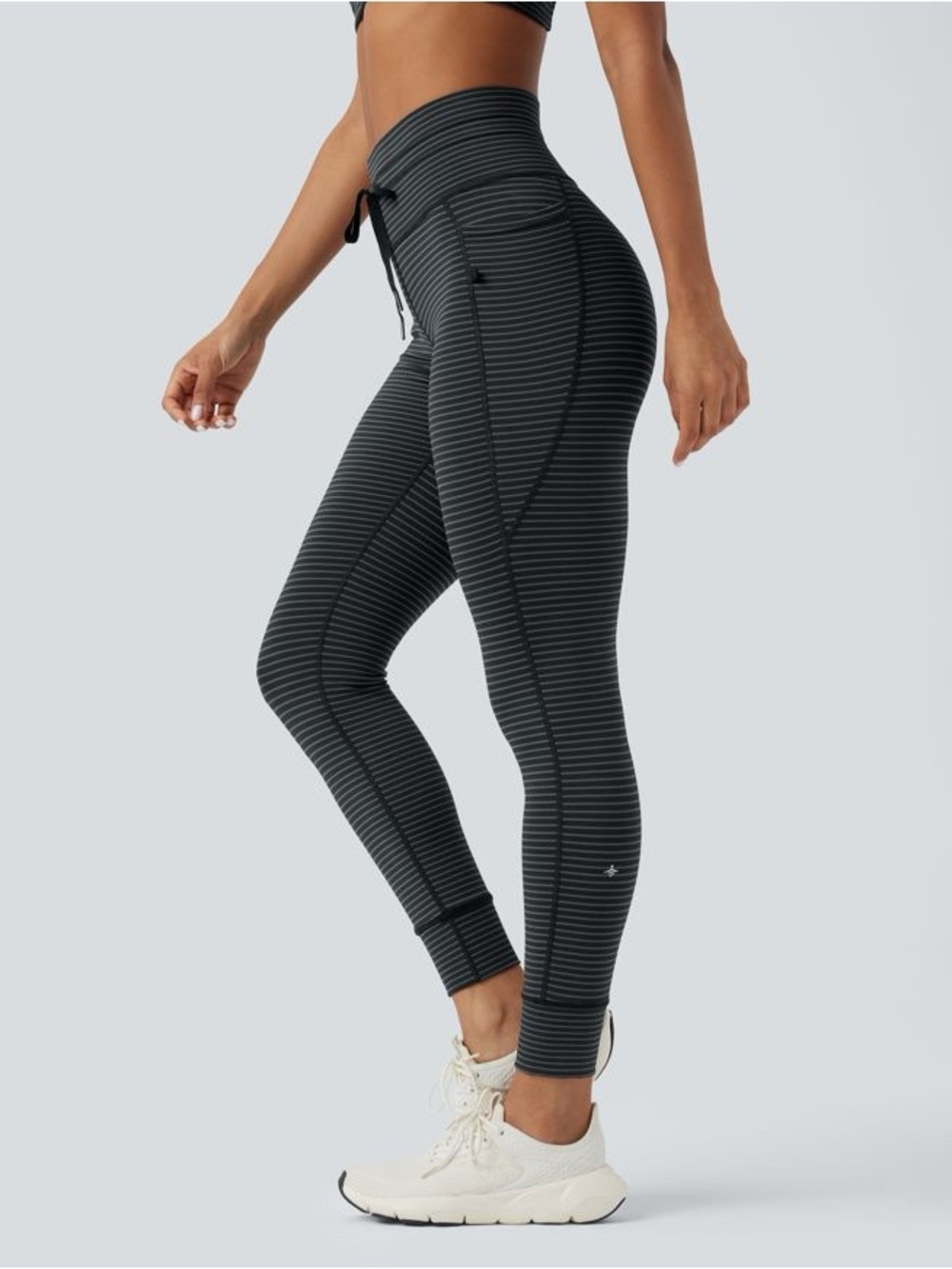 NWT Halara High Waisted Drawstring Striped Yoga Leggings w/ Pockets Steel Stripe